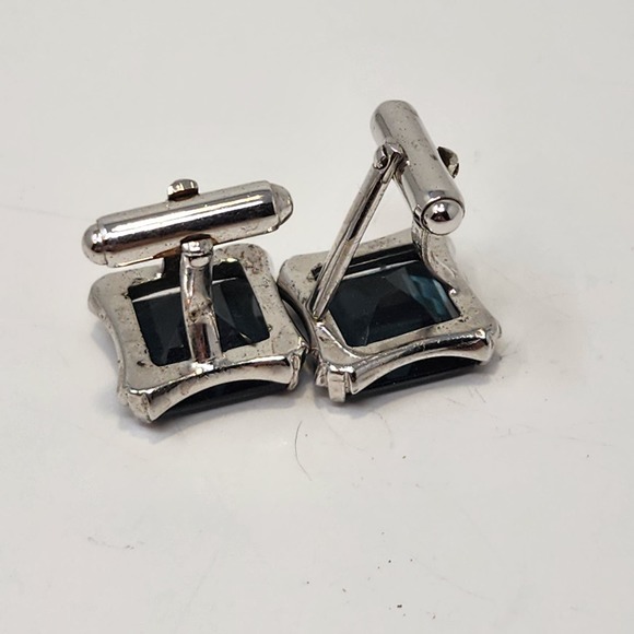 Sterling Silver Green Square Crystal Cufflinks Vintage Mens Accessory Jewelry - Picture 5 of 6
